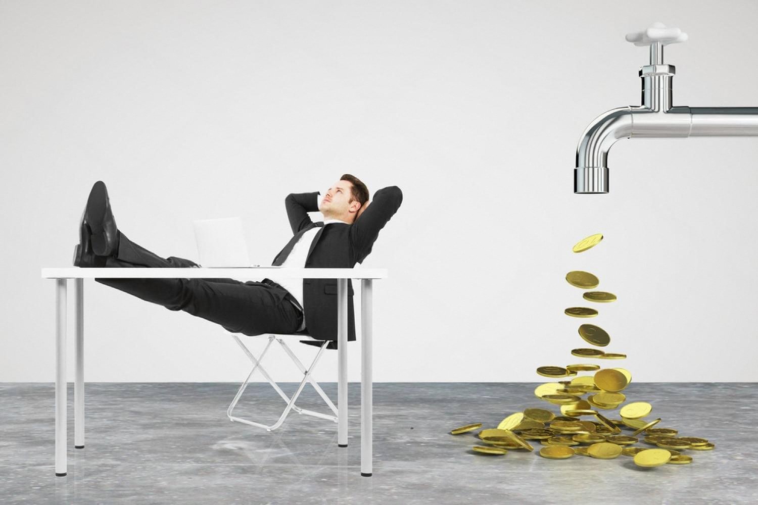 Businessman relaxing at desk as coins pour from a tap, illustrating single income dependency